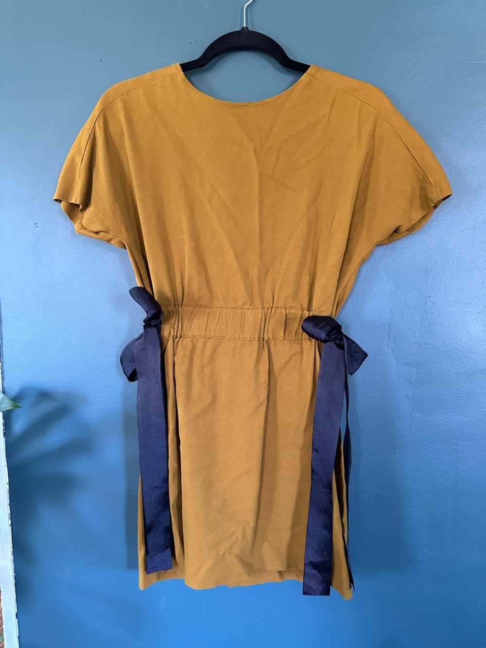 Zara Camel Yellow Mini Dress with Navy Side Ties
